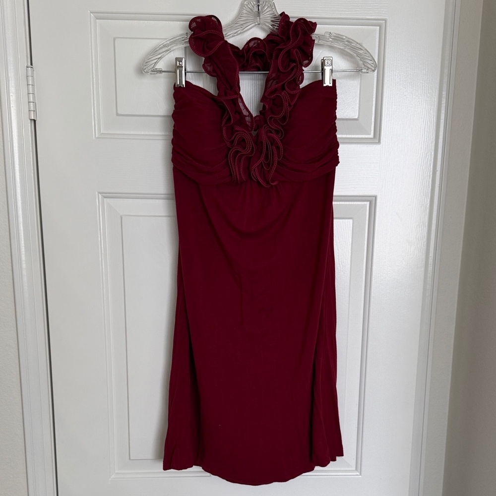Darling Strapless Wine Dress with Ruffle Trim